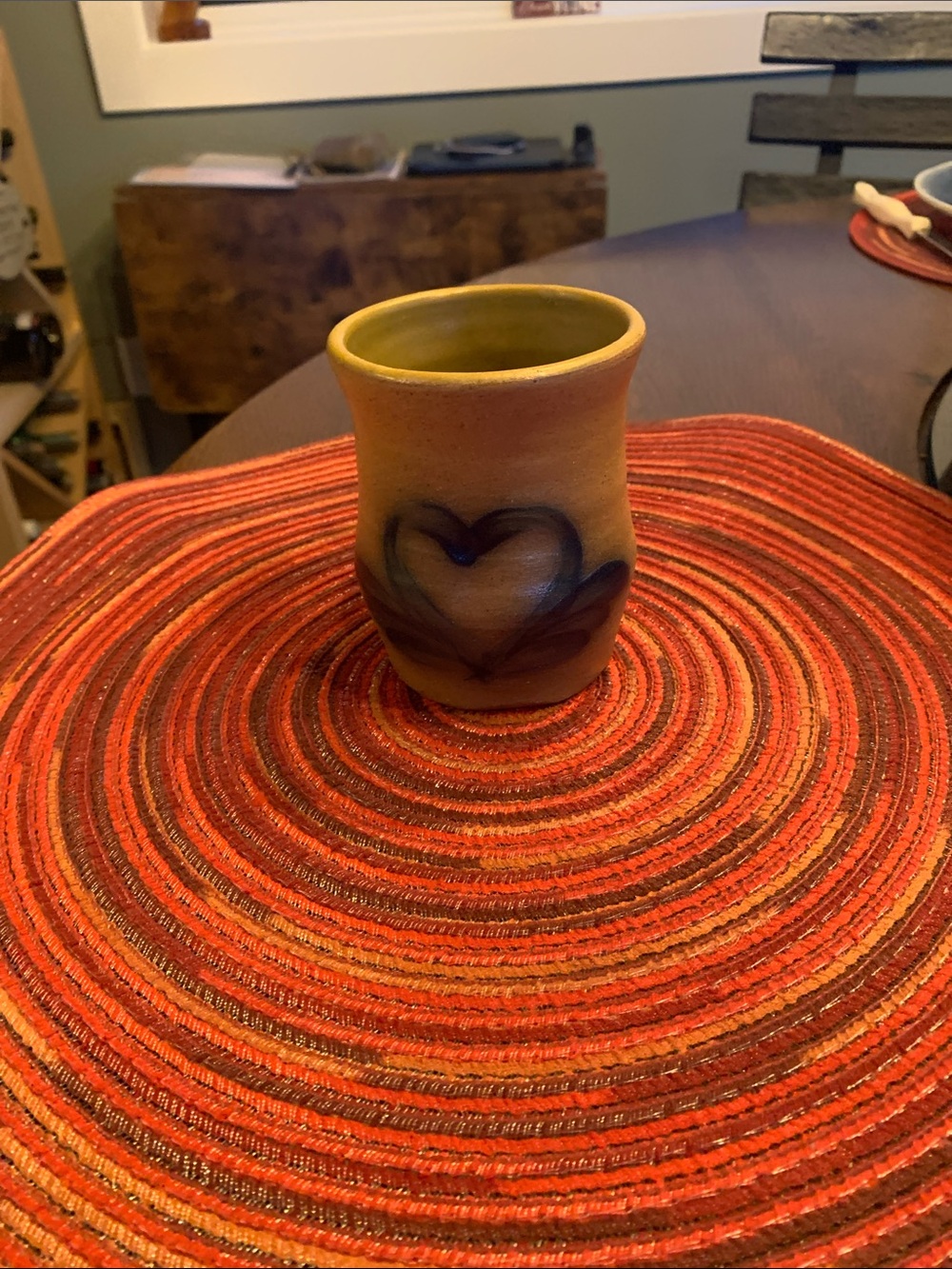 Handcrafted Ceramic Vase with Blue Heart Accent - Yellow/Brown Glaze